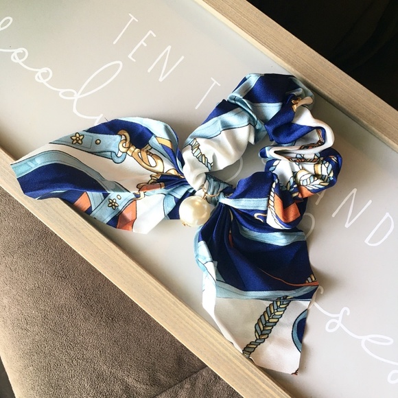 Varsity Chiffon Pearl Sorority Bow Hair Scrunchie - Picture 5 of 5